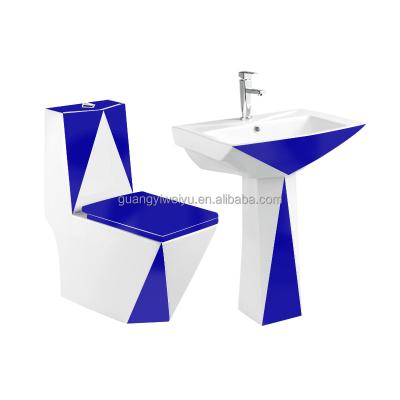 China Double-Flow Wholesale Binary Color P-trap 4inch Square Bathroom Set Bathroom Sink Toilet Suite Dark Blue For High End Hotel for sale