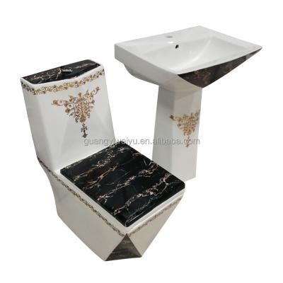 China Double-Flow Neoteric OEM Decorated Nigeria Decal Stone Commode Set Color Toilet Basin Set Washdown P-trap Square Marble Toilet Seat For Shop for sale