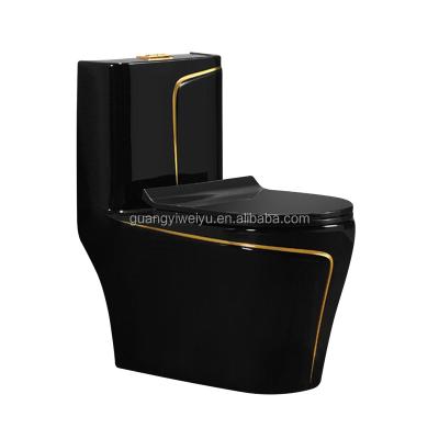 China Popular Dual-Flow OEM Decorated Libya Bright Black Round Toilet Cubicle Floor Standing Siphonic One-Piece Toilet For Office for sale