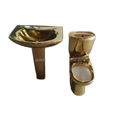 China Double-flush Toilet Set Dubai Hotel Luxury Gold Ceramic Bathroom Plated Gold Two Piece Toilet Bowl And Basin For Palace Toilets for sale