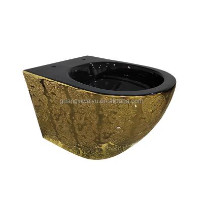 China New Design Black Ceramic Toilet Hidden Cistern Luxury Sanitary Ware Electroplate Gold Pattern Middle East WC Bathroom Toilet Bowl for sale