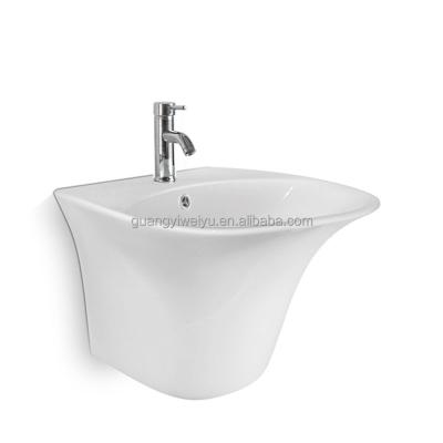 China Modern Ceramic Half Pedestal Wash Basin One Piece Bathroom Wall Hung Sink With Set Screws for sale