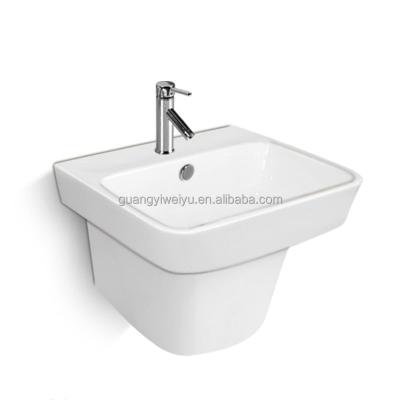 China Modern Wholesale Ceramic Pedestal Sink Half Wall Hung One Piece Wash Basin For Bathroom With Set Screws for sale