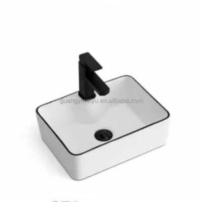 China Modern Inexpensive Square Black Edge Bathroom Vessel Wash Basin Art Basin Contacted Style Ceramic Wash Basin for sale