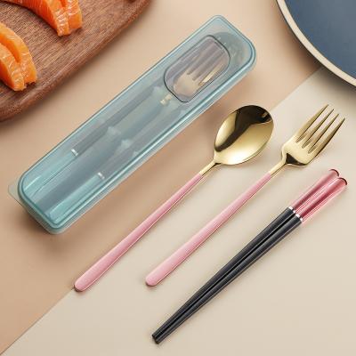 China Portable Matte Gold Cutlery Metal Chopsticks Good Viable Hardness Three Pieces Set with Forks and for sale