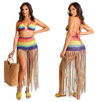 China Beach Breathable Handmade Bikini Rainbow Style Brazil Tassel Crochet Summer Matching Set for sale