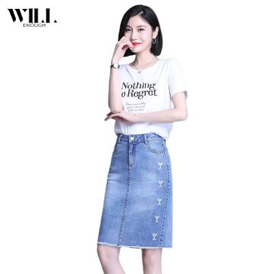 China New Breathable Women's Cowboy Skirt, A Line Skirt With High Waist And Rough Edge, Hip Wrap One Step Skirt for sale