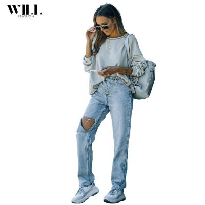 China New Fashion Trend Soft Irregular Ripped Torn Pants Women's Breathable Jeans for sale