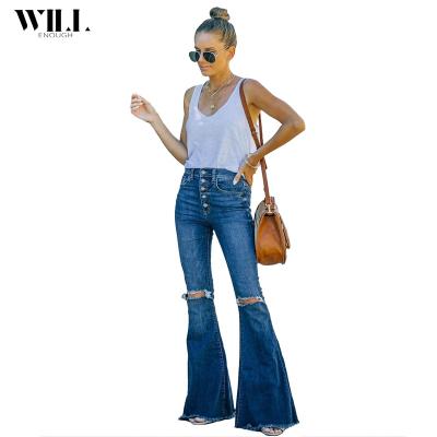 China Breathable new fashionable supple looks skinny and puddle-holed, with a row of buttoned denim micro-flared broom pants women's jeans for sale