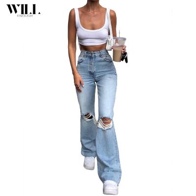 China New Breathable Jeans Wide Leg High Waisted Pants Ripped Micro Flare Jeans Slim Straight Leg Womens Jeans for sale