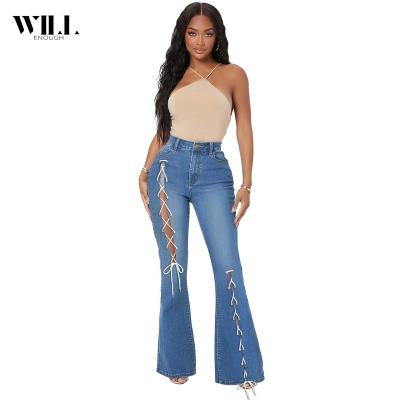 China Others women's new fashionable creative strapping denim micro-flared pants for sale