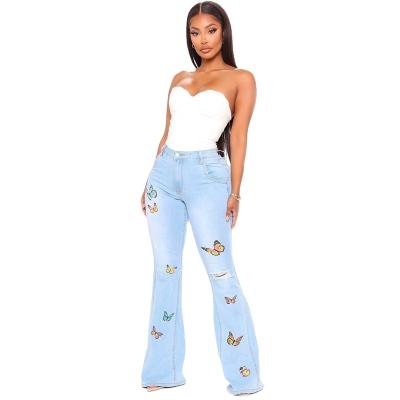 China Others Stylish Soft Slim Fit Butterfly Embroidered Wide-Leg Stretch Flared Pants Women Jeans for sale