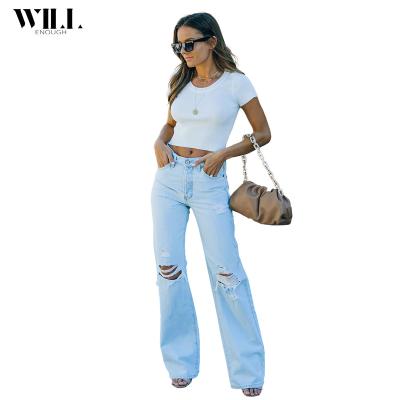 China Breathable new the casual ripped women's jeans washed wish light color temperament pants for sale