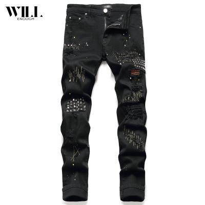 China New Small Straight-Leg Black Micro Slim Jeans Elastic Ripped Jeans Men's Breathable Willow Jeans for sale