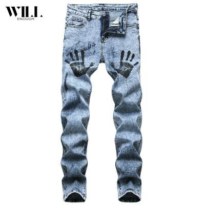 China Light Blue New Stretch Jeans Palm Print Fashion Jeans Mens Breathable Trend Jeans for sale