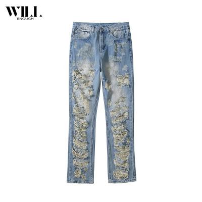 China Breathable High Street Destroys Washing Knife Cut Jeans Small Foot Heavy Made Men's Right Leg Jeans for sale