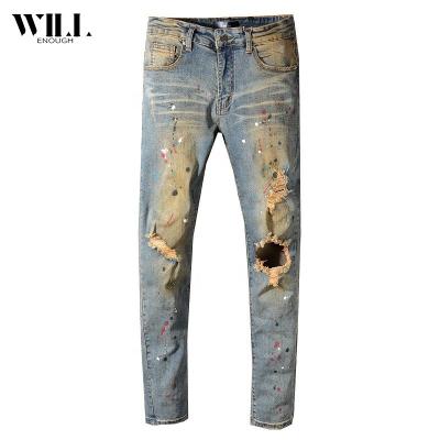 China New high street fashion breathable jeans, pleated color-blocked ripped men's denim, small-foot slim fit men's jeans for sale