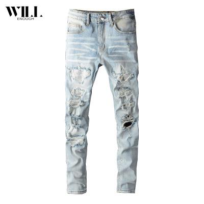 China New High Street Trend Breathable Fashion Jeans Colorful Patch Beaded Diamond Jeans Slim Fit Mens Jeans for sale