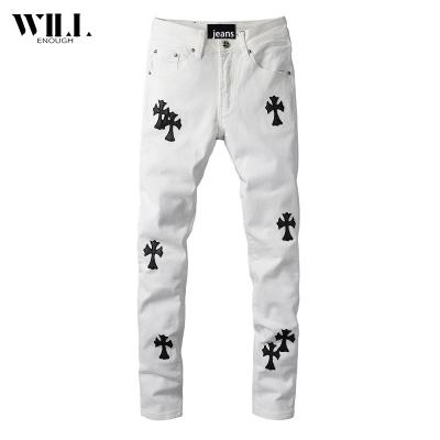 China New Fashion Breathable Trendy Jeans Cross-decorated White Pants Mens Trousers for sale