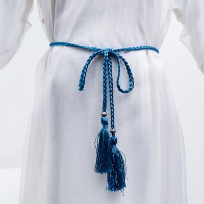 China 2021 Elegant Handmade Braided Rope Fashion Spring Tassel Nylon Braided Belt Women Belt Thin Braided Belt For Ladies for sale