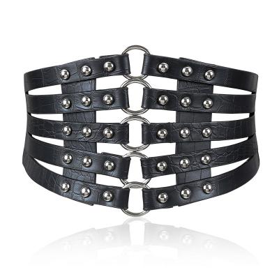 China Women's Waist Elasticity Waist Support Belt Hollow Rivet Stretch Retro Belt Women's Vintage Crocodile Waistband Super Wide Soft Skirt Pattern Elastic Belts Woman for sale