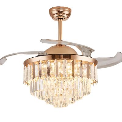 China Designer Decorative Retractable Chandelier Modern Vintage Bedroom Copper Crystal Ceiling Light Remote Control Led Ceiling Fans for sale