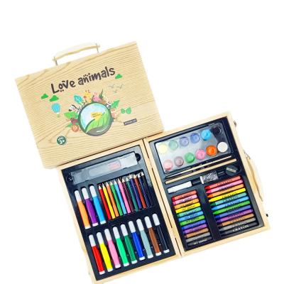 China Wooden Box 70PCS Customized Crayon Pencil Watercolor Brush Drawing and Kids Painting Gift Stationery Art Drawing Set for sale