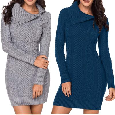 China hot sale Anti-wrinkle ribbed autumn winter sweater dress casual lapleneck bodycon cable knit dress for women for sale