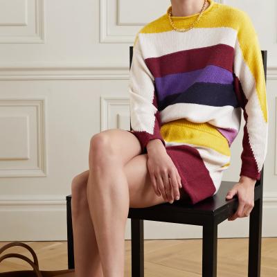 China 2 Piece Women's Custom Anti-Wrinkle VSCOO Color Block Knitted Long Sleeve Short Pants Crewneck Sweater Sets for sale