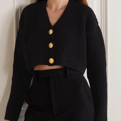 China Anti-wrinkle fashion gold buttons long sleeve V-neck knit top crop cardigan wool blend cardigan sweater for sale