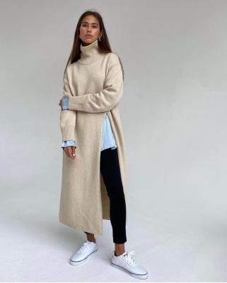 China Anti-Wrinkle VSCOO Casual Loose Turtle Neck Oversized Side Split Knitted Sweater Dress Long Sweater Women for sale