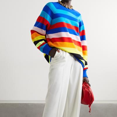 China High Quality 14gg Wool Blend Striped Anti-Wrinkle Colorful Knit Pullover Top Crewneck Long Sleeve Pullover Sweater for sale