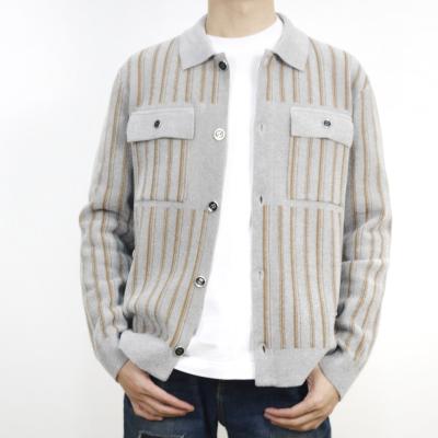 China New Style Anti-wrinkle VSCOO Lapel Neck Striped Long Sleeve Bottom Pocket Knit Cardigan Men Sweater for sale