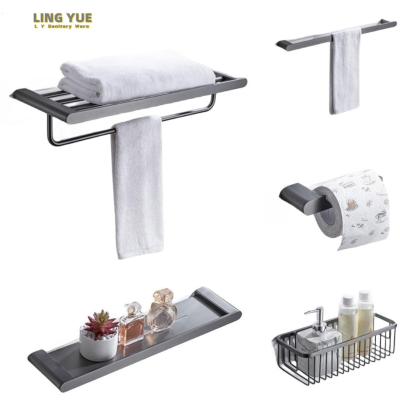 China Wall Mounted Type LING YUE Factory Wholesale Stainless Steel 304 Towel Rack Set Bathroom 5-Piece Luxury Hotel Toilet Rack Set for sale