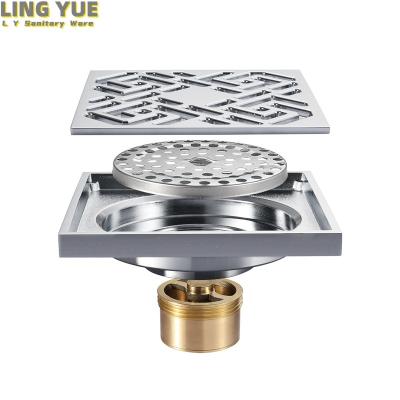 China Modern In-ground installed bathroom rain shower brass deodorant floor drain exquisite copper window pattern brass drain pipe for sale