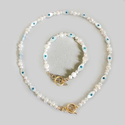 China Y2K Boho Necklaces And Scarf Bracelet Set Simple Shell Jewelry Set Real Blue Eye Sea Pearl Bracelet Scarf Set for sale