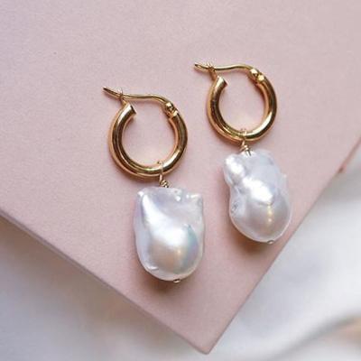 China Baroque Hand Picked Pearl Circle Earring For Women 18k Gold Plated Pearl Drop Dangle Earrings for sale