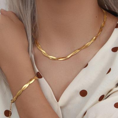 China Tarnish Free Trendy Braided Fishbone Chain Necklace Bracelets Set Stainless Steel Snake Chain Cross Necklace for sale