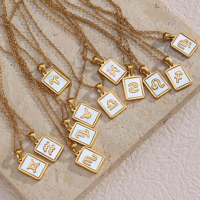 China Tarnish Free Trendy Natural Shell Square Plate Pendant Zodiac Necklaces Stainless Steel Hypoallergenic PVD Plated Water Resistant Jewelry for sale