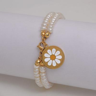 China FACTORY New Arrival 2-Row Bead Bracelet Double Layer Stainless Steel Flower Bead Pendant Bracelet With Real Pearl Beaded Bracelet for sale