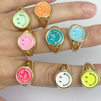 China FASHIONABLE Adjustable Real 18K Gold Plated Smiley Face Ring Colorful Enamel Copper Base Finger Ring Unisex 2021 for sale