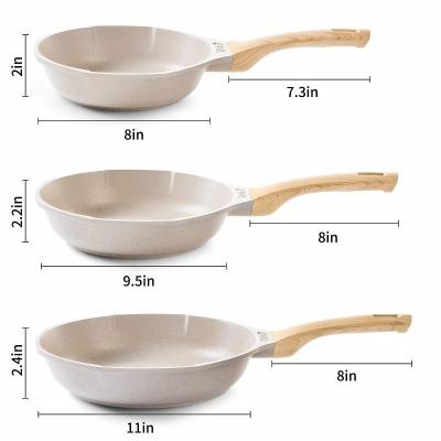 China Sustainable OEM Die Cast Aluminum Composite Bottom White Marble Non Stick Pots And Pans With Wooden Handle Cookware Sets for sale