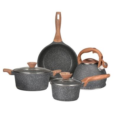 China Sustainable 2023 Die cast Granite Coated Wooden Handle 6pcs Nonstick Aluminium Cookware Set Cooking Pot for sale