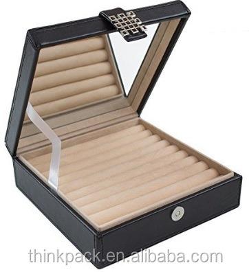 China High End Fashion Customize Black PU Leather Jewelry Boxes Storage Box With Mirror for sale