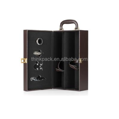 China Beverage Antique 2 Bottle Faux Leather Decorative Wine Box With Lid And Handle for sale