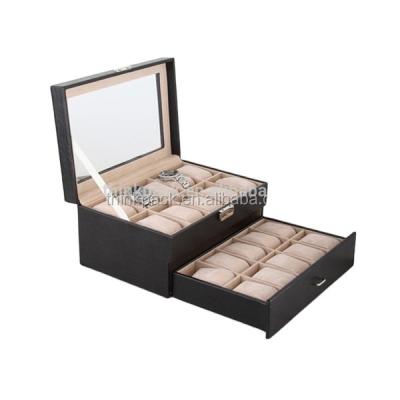 China custom made & Fashion 24 Slot Leather Black Wooden Watch Storage Boxes With Drawer Accept Small Quantity for sale