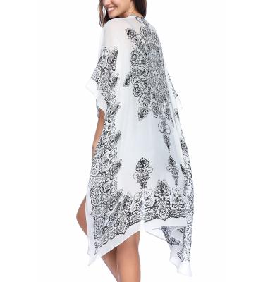 China Summer breathable wholesale women's white oversized boho printed sheer chiffon beach wear long kimonos for sale