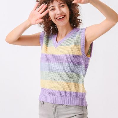 China Anti-Wrinkle Women's V-Neck Knitted Pullover Loose Striped Sweater Vest Sleeveless Tops for sale