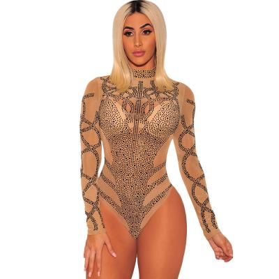 China 2022 Hot Selling Sexy One Piece Women Overalls Mesh Bodystocking Long Sleeve Rhinestone Transparent Lingerie Jumpsuits for sale