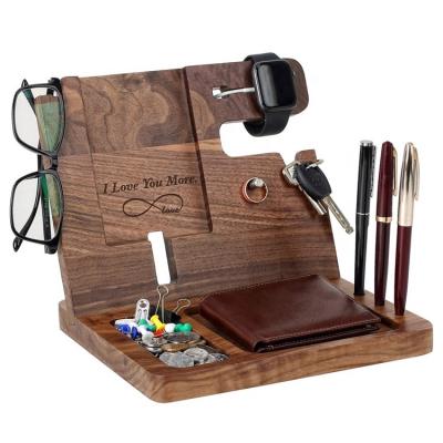 China Ebony Wood Phone Docking Station Engraved Viable - Nightstand with Key Stand, Wallet Holder and Watch Organizer for sale